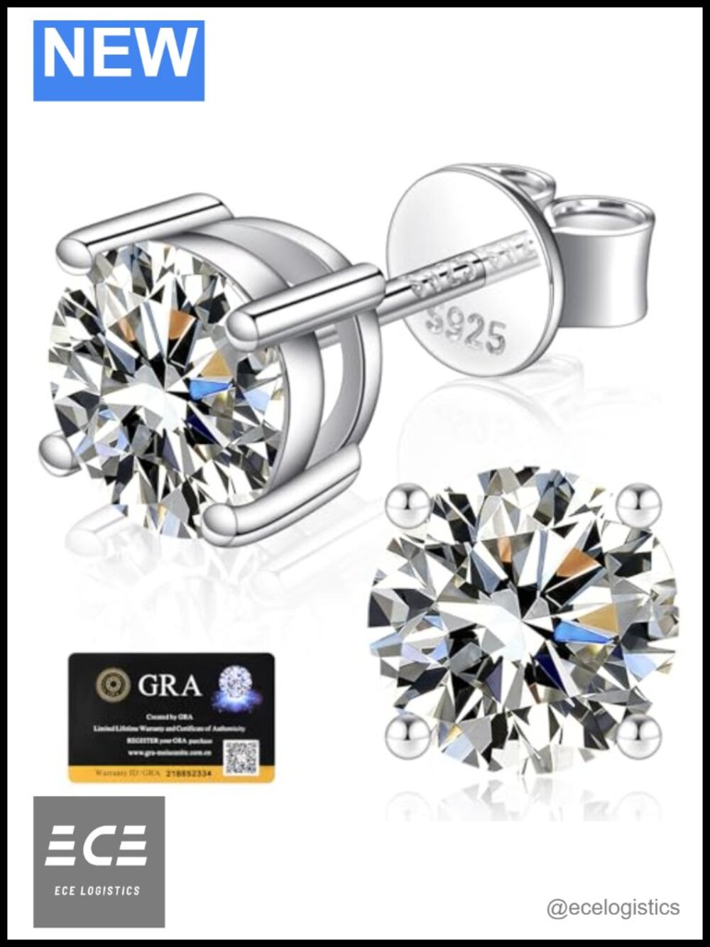 Moissanite Stud Earrings White Gold Plated 925 Sterling Silver D Color